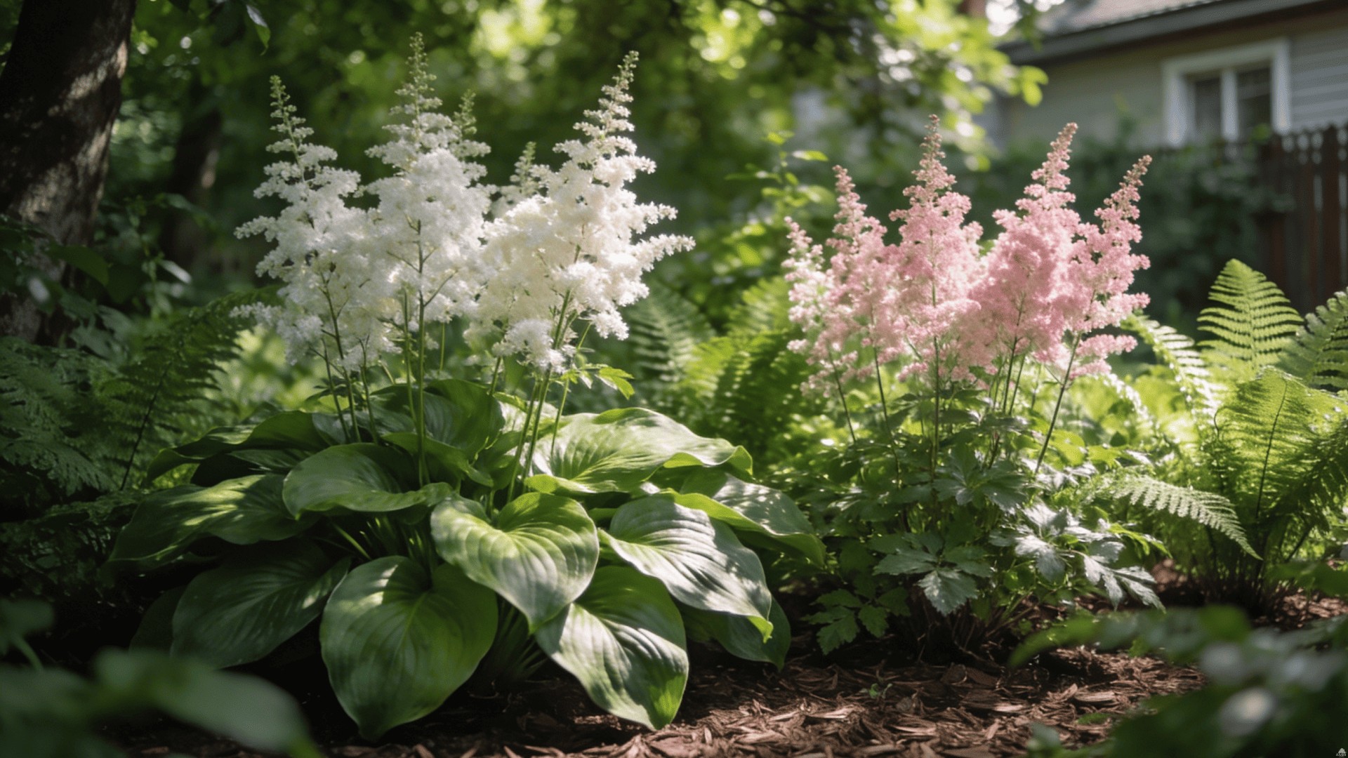 Оформление тенистого участка у частного дома в Нижегородской области: простой газон, теневыносливые кустарники и грунтовая дорожка в саду