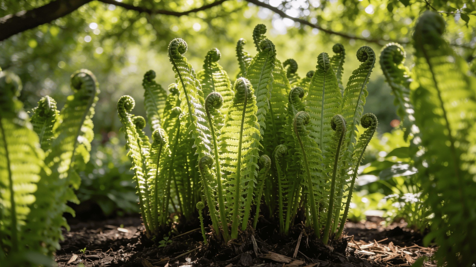 Группа папоротников страусников в дизайне сада, озеленение тенистых зон в климате Нижегородской области, взрослые растения