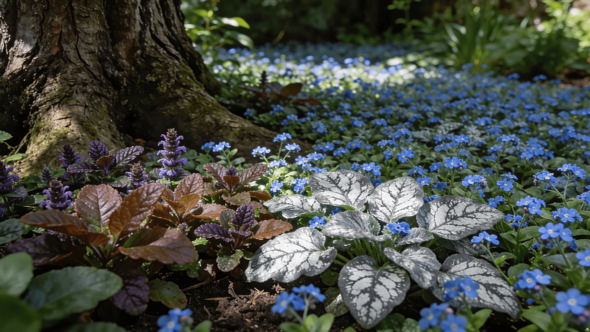 Почвопокровные растения для приствольных кругов: ковер из живучки и бруннеры под деревом в саду (Нижний Новгород)