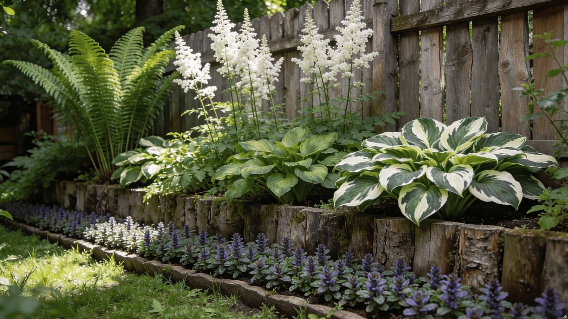 Ярусный теневой миксбордер вдоль забора на даче в Нижегородской области: схема посадки хост, папоротников и астильб в три ряда