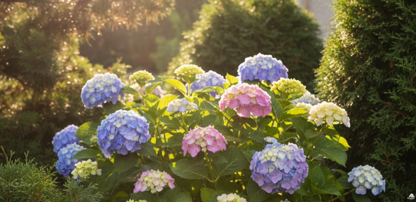 Куст гортензии, посаженный на восточной стороне дома в лёгкой полутени, в подходящих условиях климата Нижегородской области