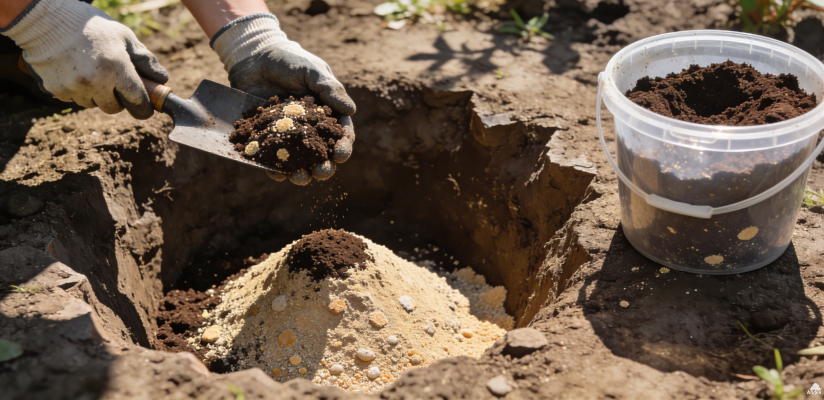 Посадочная яма 50–60 см и кислая почвенная смесь для правильной посадки гортензии в саду Нижнего Новгорода.