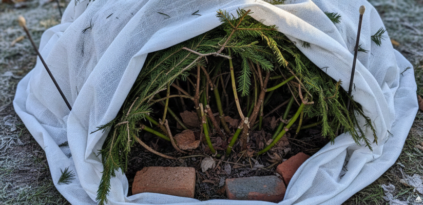 Крупнолистная гортензия, пригнутая и укрытая лапником и спанбондом на зиму в условиях Нижегородской области.