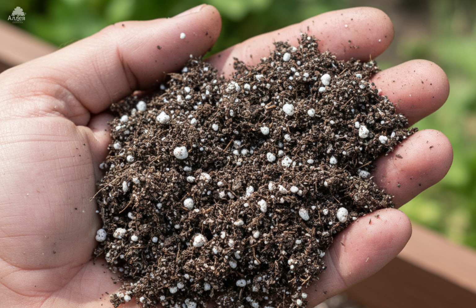 Лёгкий рыхлый грунт для рассады в руке садовода с заметными частицами перлита.