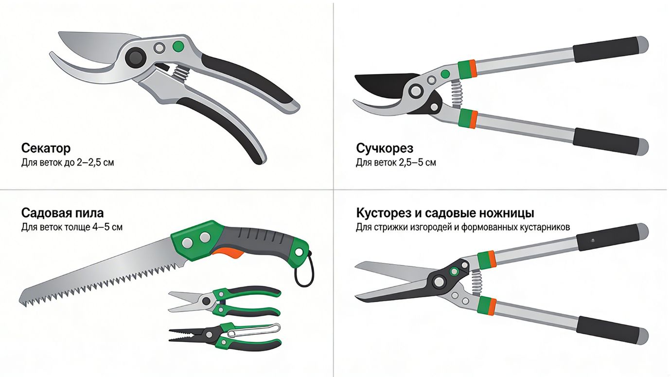 Основные садовые инструменты для обрезки растений: секатор для тонких веток до 2–2,5 см, сучкорез для веток 2,5–5 см, садовая пила для толстых ветвей свыше 4–5 см и кусторез с садовыми ножницами для стрижки живых изгородей и формованных кустарников