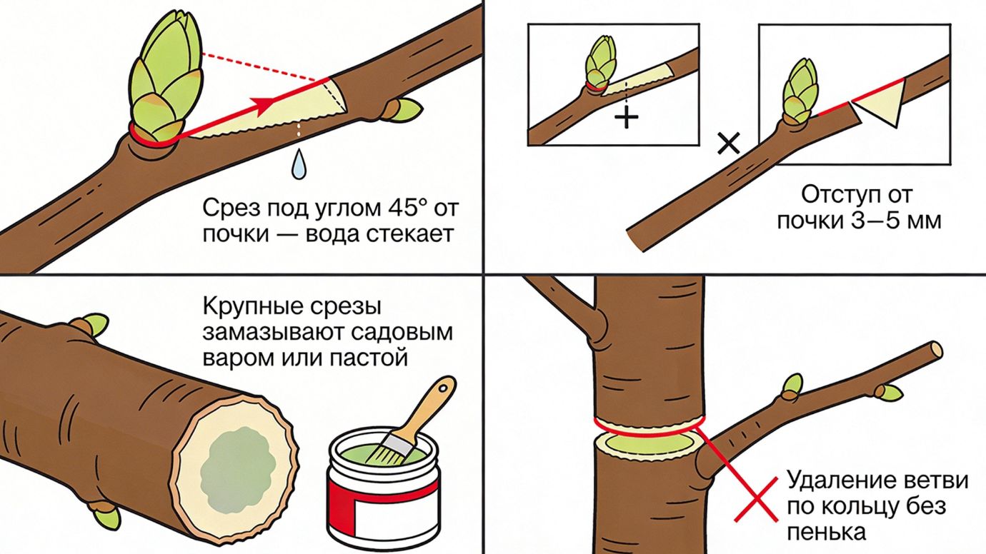 Сделаем по одному, но максимально ёмкому и «человеческому» для SEO. Первая картинка — схема срезов «Схема правильной обрезки веток плодовых деревьев: срез под углом 45° от почки, оптимальный отступ 3–5 мм, замазка крупных срезов садовым варом и удаление веток по кольцу без оставления пеньков