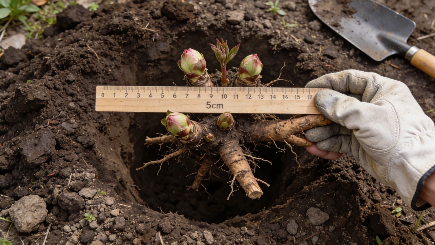 Посадка пиона в саду: рука в перчатке держит корень пиона над посадочной ямой с рыхлой почвой, деревянная линейка показывает глубину около 5 см от почек до поверхности