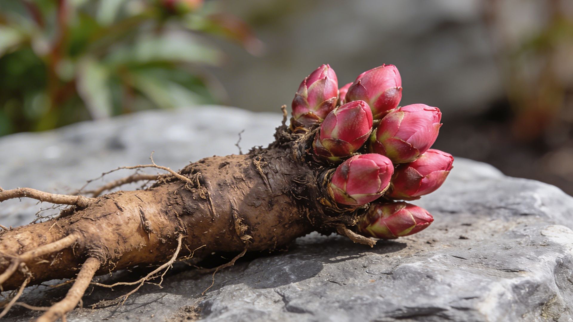 Качественная делёнка пиона с мощными коричневыми корнями и ярко‑красными почками на срезе, посадочный материал пиона с открытой корневой системой