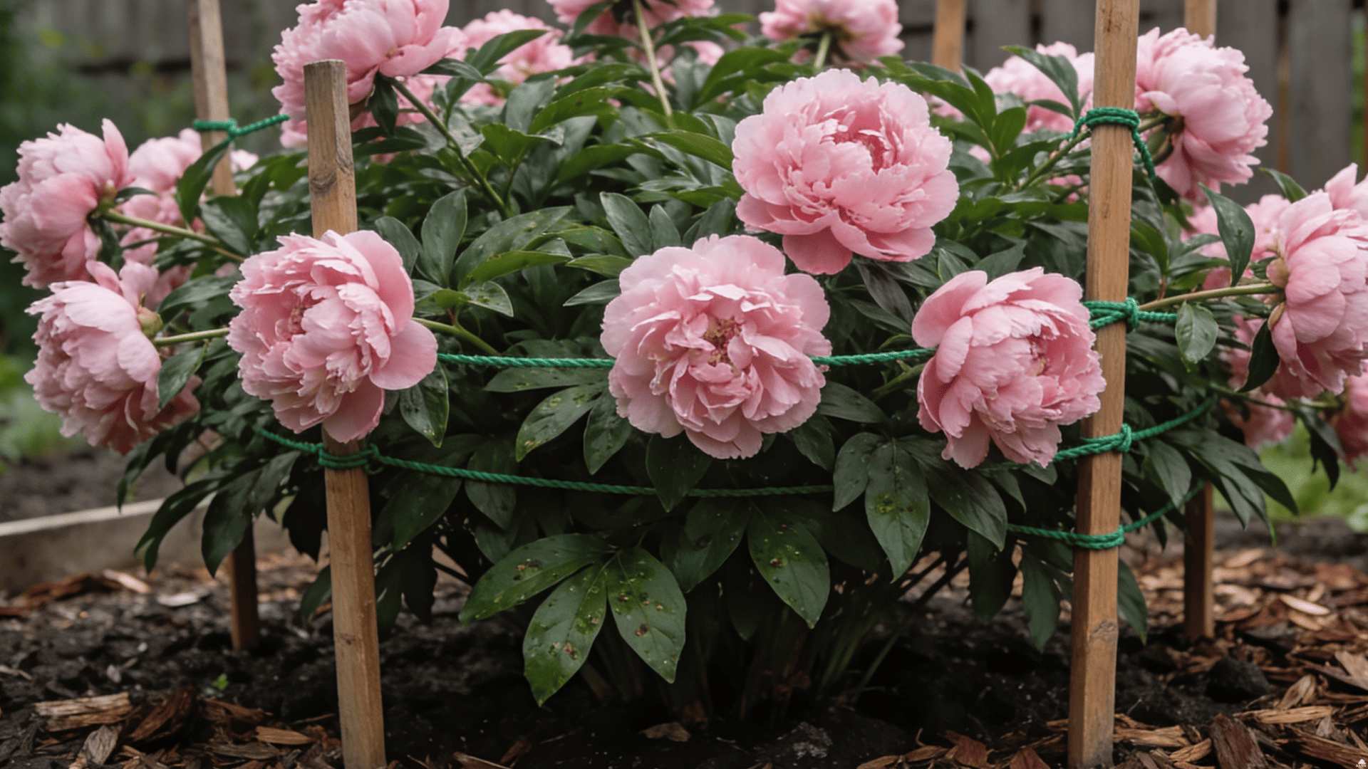 Большой куст розового махрового пиона с крепкими деревянными колышками и зелёной подвязкой, здоровые листья без пятен, уход за пионами в саду