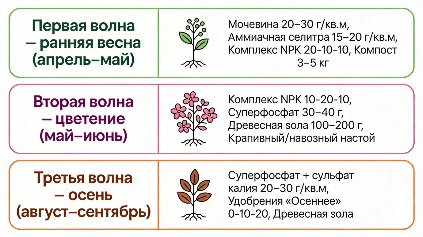 Инфографика по подкормке садовых кустарников: три волны удобрений в течение сезона — первая ранней весной с азотными удобрениями (мочевина, аммиачная селитра, компост), вторая в период цветения с фосфором и калием (комплексные удобрения для цветущих, суперфосфат, древесная зола, органические настои), и третья в конце лета–осенью с фосфорно‑калийными и осенними удобрениями без азота для подготовки растений к зиме.