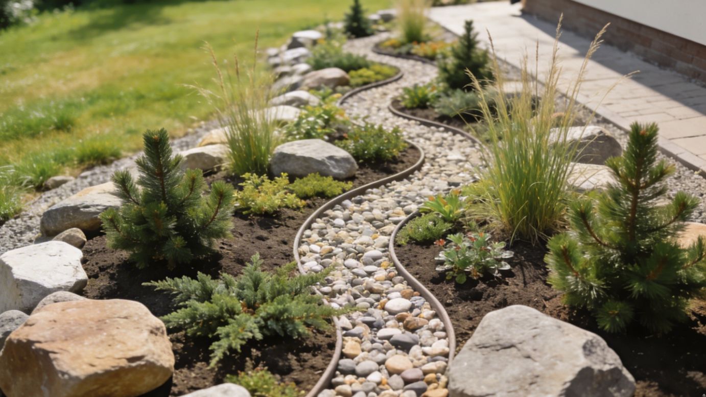 пример рокария у дома с камнями, декоративными злаками, хвойными и почвопокровными растениями, оформление сада в природном стиле