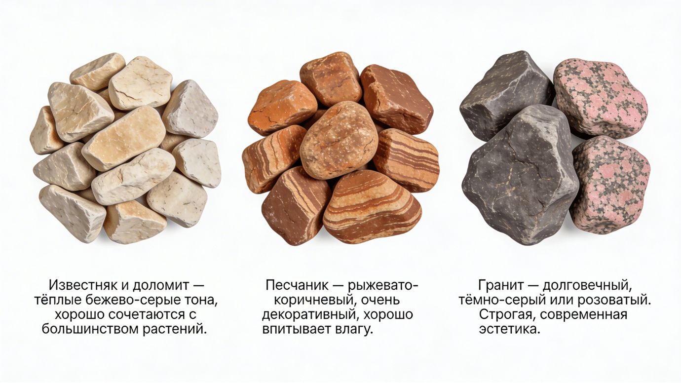 декоративные камни для сада известняк и доломит бежево серые, песчаник рыжевато коричневый, гранит темно серый и розоватый, выбор камня для рокария и садовых дорожек