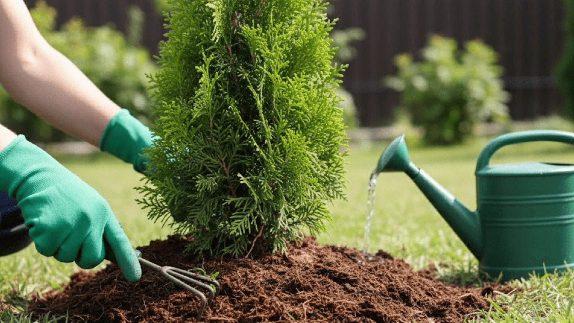 Крупный план процесса ухода за молодой туей западной в саду. Руки в ярко-зеленых садовых перчатках аккуратно рыхлят коричневую почву у основания дерева с помощью ручных граблей. Рядом из зеленой лейки льется вода на свежий слой мульчи. Туя имеет плотную зеленую хвою и пирамидальную форму, фон размыт, создавая акцент на садовых работах в солнечный день